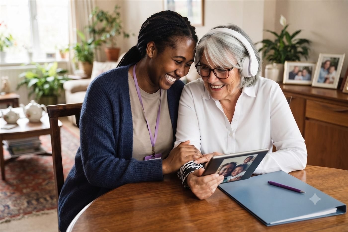 A North West Health and Care carer laughing with a client during a video call with her family